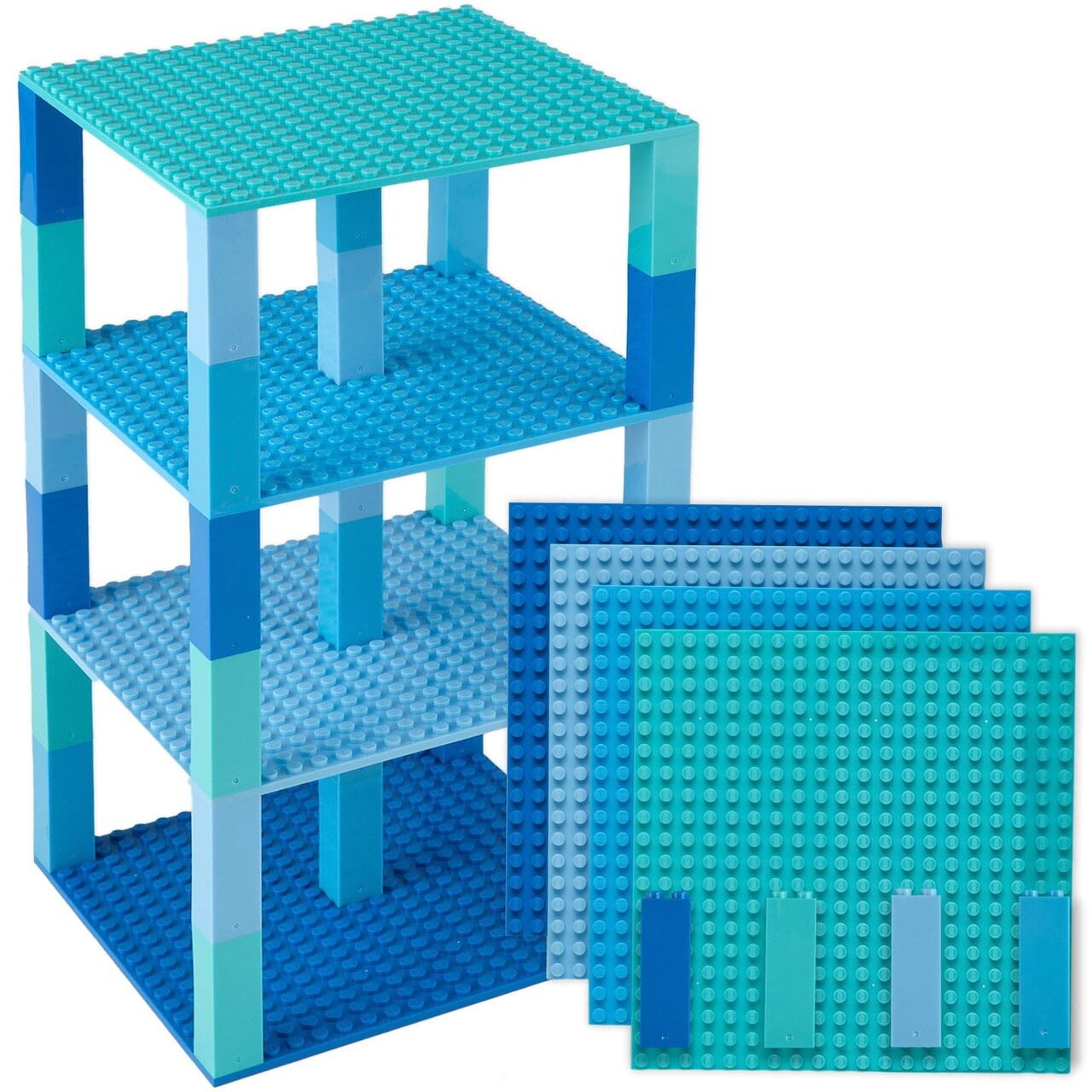 Strictly Briks Classic Stackable Baseplates, Building Bricks For Towers, Shelves, and More, 100% Compatible with All Major Brands, Shades of Blue, 4 Base Plates & 30 Stackers, 6x6 Inches